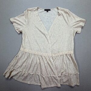 Living Doll Peplum Top Women 1X Good Beige Lace Trim Tiered Surplice V-Neck